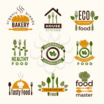 Food logos. Healthy kitchen restaurant buildings cooking house spoon and fork food vector symbols for design projects. Green emblem logo badge for restaurant ecological food illustration