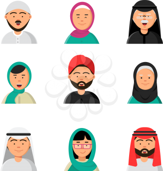 Islam people icon. Web arabic avatars muslim heads of male and female in hijab niqab vector saudi faces in flat style. Male and female muslim face, arab avatar illustration