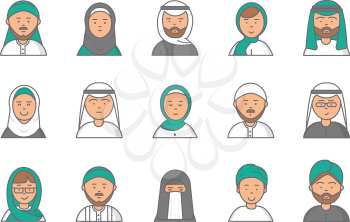 Islam linear avatars. Arabian muslim saudi male and female vector faces for web profile. Islam profile saudi man and woman, linear face nationality iranian illustration