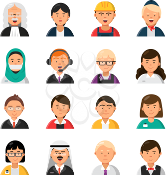 Occupations avatars. Waiter stewardess judge advocate manager builder male and female profession vector icons. Illustration of people worker professional, woman and man
