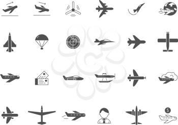 Airplane black icons. Jet aircraft military forces and civil aviation travel vector symbols. Airplane aviation, aircraft and flight transportation, travel airline illustration