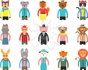 Zoo characters hipsters. Cartoon animals front view game avatars of fox bear dog giraffe owl cat and others vector mascots. Hipster wild animal, cat and monkey, lion and tiger illustration