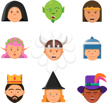Fantasy game avatars. Fairy tale characters elf wizard king warrior goblin princess vector portraits. Warrior and princess, queen and soldier avatar for game illustration