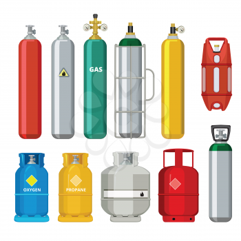 Gas cylinders icons. Petroleum safety fuel metal tank of helium butane acetylene vector cartoon objects isolated. Equipment for safe butane and propane, oxygen balloon illustration