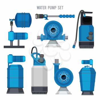 Water pump system. Aqua treatment electronic steel compressor agriculture sewage station vector icons set. Pressure pump, station equipment plumbing illustration