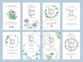 Invitation cards. Wedding floral placards love greeting beauty frames vector illustrations with place for your text. Illustration of invitation card wedding with floral decoration