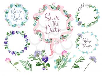 Floral branches frames. Flowering wreath ribbons hearts cute vector set for design greeting invitation cards. Floral frame for invitation, wreath with ribbon illustration