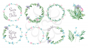 Floral frames. Circle shapes with flowers branches decorative elements simple leaf greeting cards layout wreath vector set. Floral wreath decorative, frame decoration for wedding illustration