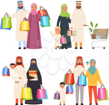 Saudi family. Market arabic male and female characters shiopping holding bags in hands vector characters. Illustration of saudi people shopping