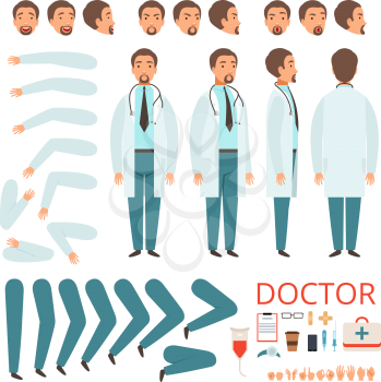 Male doctor animation. Hospital staff character body parts legs arms clothes healthcare items vector collection. Character medical animation, medicine doctor illustration