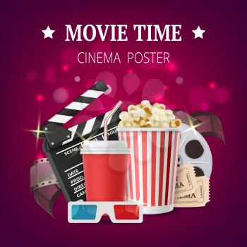 Movie poster. Cinema placard design template with film production vector symbols tape stereo glasses popcorn clapperboards. Illustratation of movie banner, cinema time