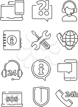 Customer service icons. Support help at phone line or web vector line symbols. Illustration of customer service, support and communication