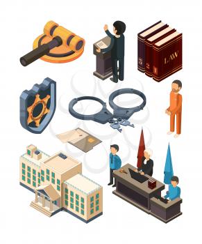 Justice legal isometric. Law hammer books judge lawyer criminal court and other 3d vector symbols isolated. Lawyer and hammer, court and judge illustration