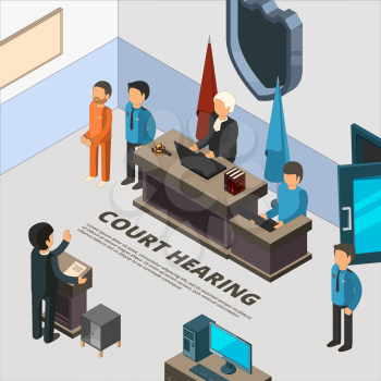 Court session banners. Law process in judicial defendant police and crime interrogation isometric symbols vector illustrations. Court and justice, lawyer and defendant