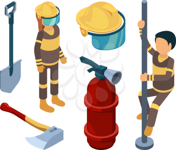 Fire station items isometric. Firefighters smoke truck fireman extinguisher flame water professional equipment vector 3d pictures. Illustration of equipment extinguisher and safety
