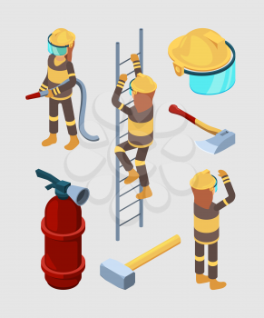 Firefighters isometric. Proffesional equipment of fire station hose boots extinguisher car vector 3d illustrations isolated. Fireman and hydrant, extinguisher isometric