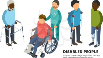 Invalids isometric. Defective adult peoples with broken legs medicine patient in wheelchair vector 3d health care illustrations. Invalid wheelchair, isometric people disabled