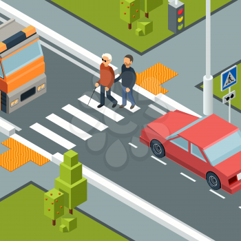 Care person crossing street. Urban city crosswalk of disabilities man with helper vector isometric concept. Care blind person cross road illustration