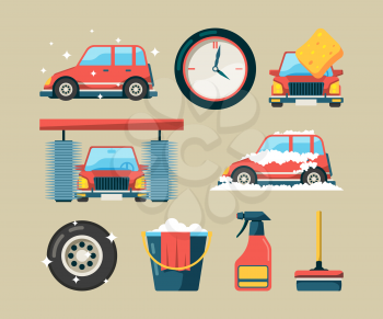 Car wash icon set. Foam roller washing machines cleaning auto service vector cartoon symbols isolated. Illustration of car service wash, washer and sponge