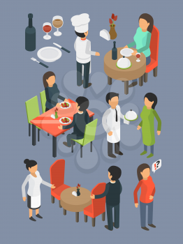 Restaurant people. Catering staff services buffet banquet hall event guests eating and drinking dinner bar food vector isometric. Illustration of restaurant banquet, service staff waitress