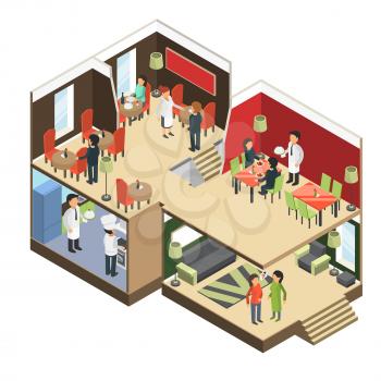 Restaurant interior. Isometric bar cafe buffet building with eatting guests vector 3d pictures. Illustration of building isometric restaurant, interior cafe