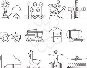 Farm linear icon. Agricultura nature village fields wheat symbols vector isolated. Rural combine, harvest grow, machine for agricultural illustration