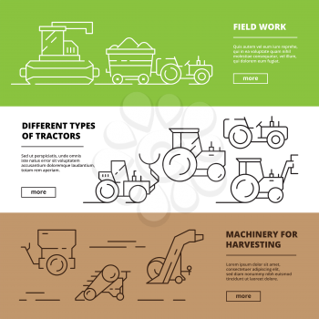 Agriculture banners. Farm machinery harvester tractors agribusiness vehicle vector design template. Machinery farm for agriculture, tractor and combine illustration