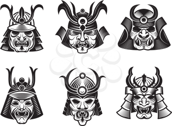 Martial masks. Warrior japanese samurai shogun asian armour vector black illustrations isolated. Set of martial armor helmet and armour asian