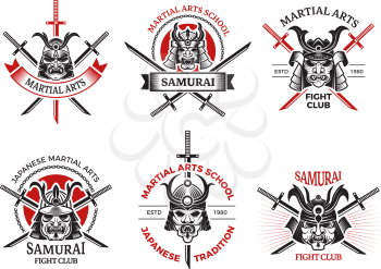 Samurai mask labels. Japan angry faces for warrior armor vector labels tattoo logo design projects. Illustration of martial art school, samurai asian traditional