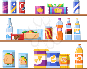 Beverage food on shelves. Fast food snacks biscuits and water standing on showcase vector merchandising concept flat illustrations. Food shelf, shop store supermarket
