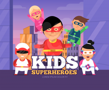 City kids heroes. Urban landscape with childrens male and female superheroes in masks vector cartoon characters. Kids superhero in costume and mask illustration