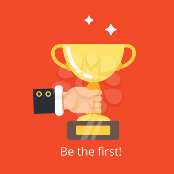 Hand holding trophy. Business victory concept golden cup achievement for winner vector background flat illustration. Prize champion cup, winner trophy and achievement