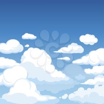 Sky with fluffy clouds. Clean blue panorama of cloudscape cloudy vector cartoon illustration. Fluffy cloud in air, cloudscape heaven