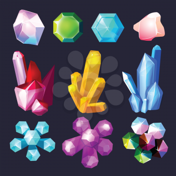 Gemstones cartoon. Crystals rock stones and quartz amethyst vector big set isolated. Stone and gemstone mineral, gem colored crystal illustration