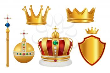 Golden royal symbols. Crown with jewels for knight monarch antique trumpet medieval headgear vector realistic. Illustration of king and monarch golden crown with jewelry stone