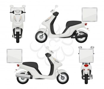Moto bike realistic. Views of scooter for delivery service auto top side back vector 3d transport isolated. Scooter urban transport, speed drive transportation illustration