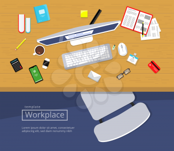 Workspace top view. Wooden table with office items monitor books papers business chair vector flat illustration. Top view workplace office, mobile phone and paperwork