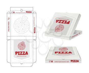 Pizza box design. Unwrap fastfood pizza package realistic template business identity vector. Pizza box, package brand restaurant illustration