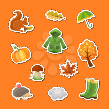 Vector cartoon autumn elements and leaves stickers set illustration. Autumn collection icon sticker maple and cloud