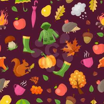 Vector cartoon autumn elements and leaves pattern or background illustration. Colored fall pattern season