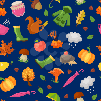 Vector cartoon autumn elements and leaves pattern or background illustration. Autumn background pattern with umbrella and mushroom