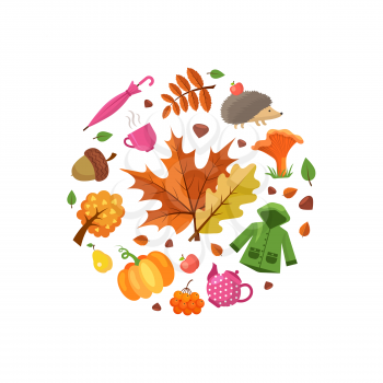 Vector cartoon autumn elements and leaves in circle shape illustration. Autumnal label emblem with apple and coat, tea and pear