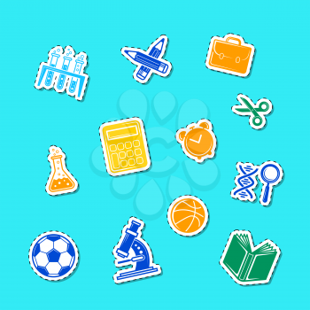 Vector back to school stationery stickers set illustration isolated on blue background
