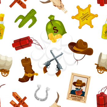 Vector colored cartoon wild west elements pattern or background white illustration