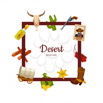 Vector cartoon wild west elements flying around frame with place for text illustration