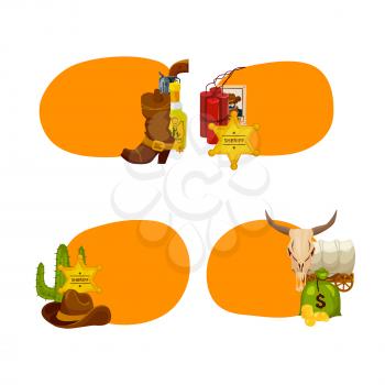Vector cartoon wild west elements stickers with place for text set illustration isolated on white background