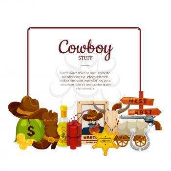 Vector cartoon wild west elements below frame with place for text illustration isolated on white