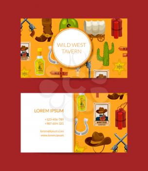 Vector cartoon wild west elements business card template for bar illustration