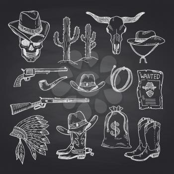 Vector hand drawn wild west cowboy elements set on black chalkboard background illustration