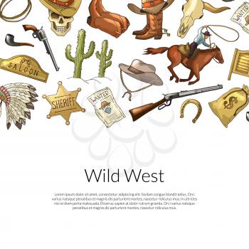 Vector hand drawn wild west cowboy elements background with place for text illustration